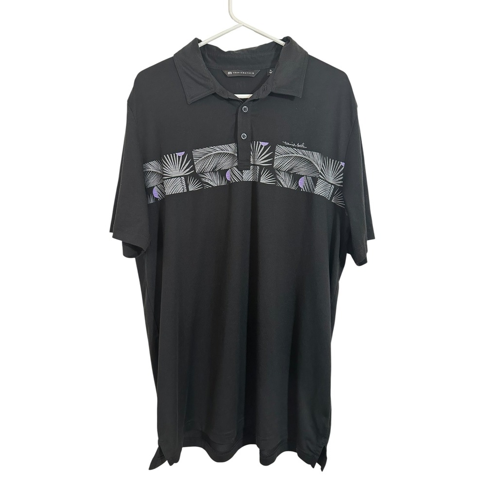 TravisMathew Mens XL Black Palm Leaf Graphic Performance Golf Polo Shirt